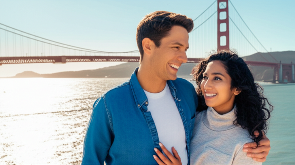 Happy couple on a date in front of the Golden Gate Bridge